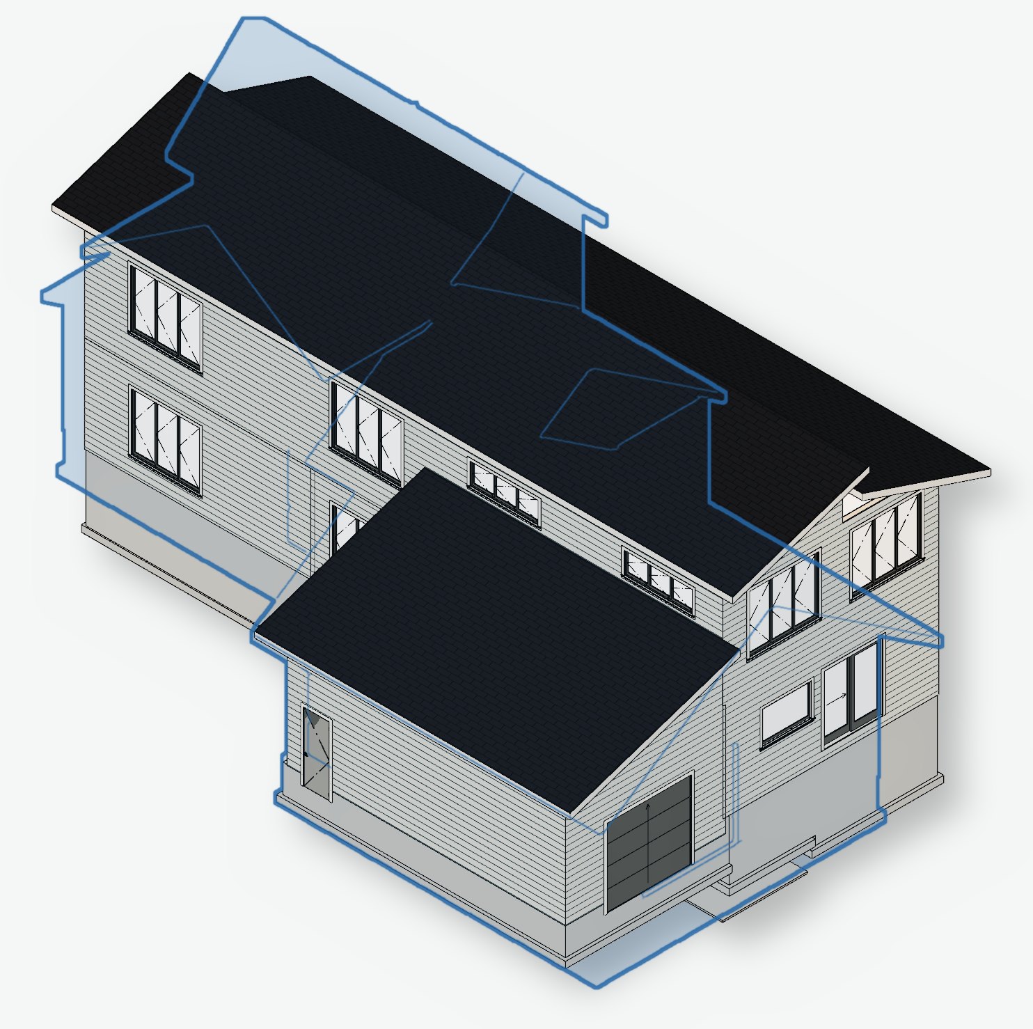 Isometric rendering: the existing house as a blue glass outline, with the new two-story design rendered solid inside it
