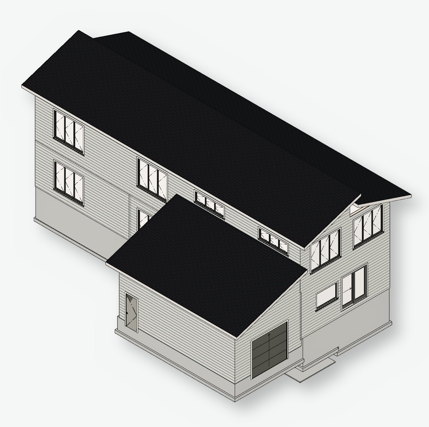 3D model of the proposed two-story house with lap siding and new windows